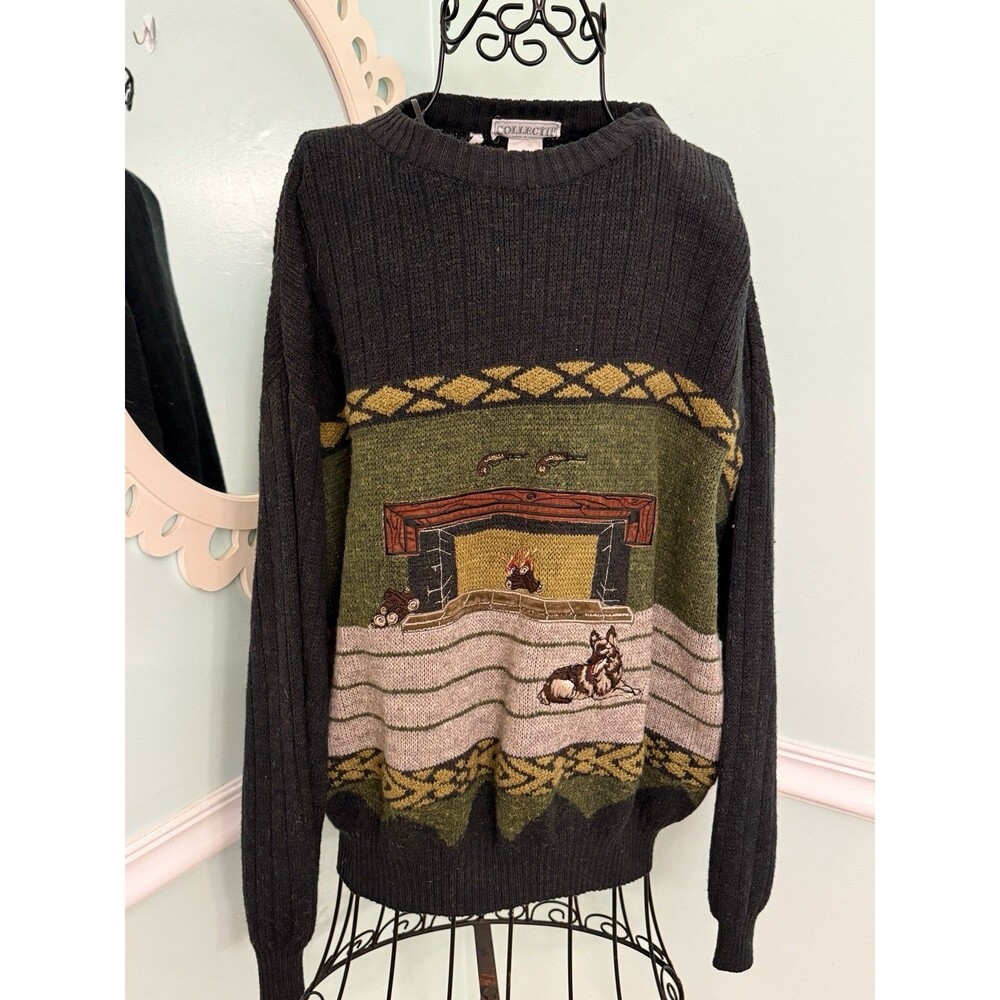 Vtg Collectif Sweater Italy Grandpa Academia Dog Fireplace Wool‎ Size XL